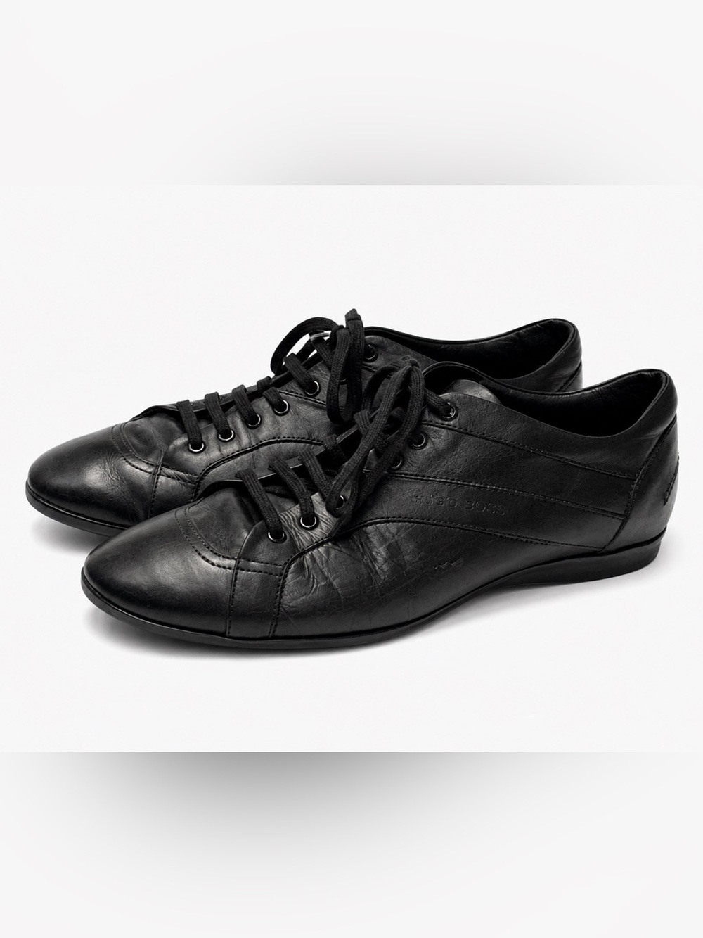 Y2K Era Hugo Boss Men's Saturn Model Black Leather Lace-Up Sneakers - 11